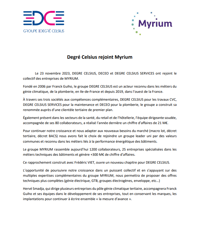 Communiqué de presse Degré Celsius rejoint Myrium
